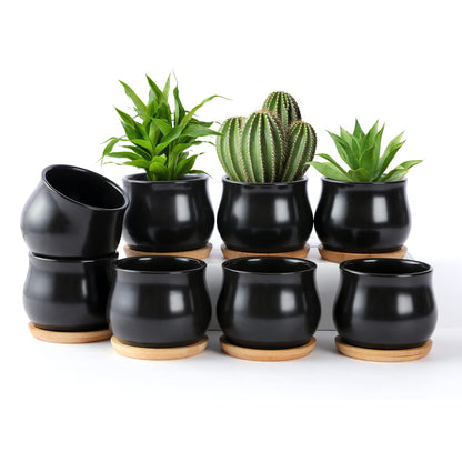 SHECIPIN 8 Pack Succulent Plant Pot, Matte Black Mini 2.6 inch Ceramic Flower Planter Pot with Bamboo Tray, Small Pots for Plants, Plants Not Included