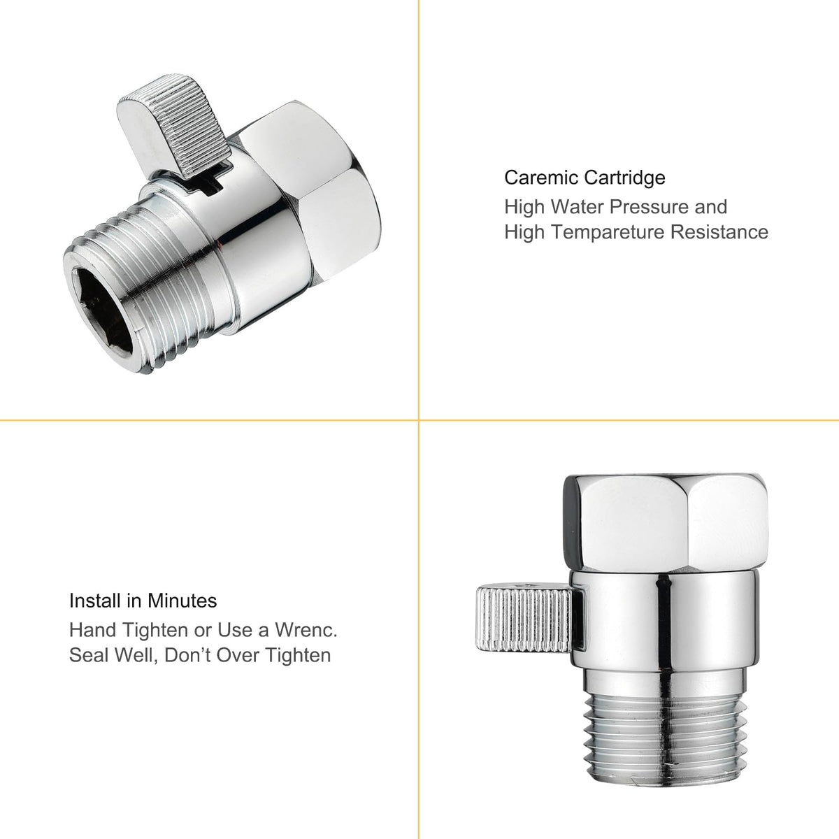 Chrome Water Flow Control Valve, G1/2" Shower Head Flow Control Valve, Brass Shut Off Valve for Handheld Shower, Water Pressure Regulator Replacement for Shower System