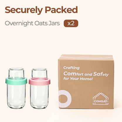 ComSaf Overnight Oats Containers with Lids (16oz+4oz, 2Pcs), Dual-Laryer Chia Pudding Jars with Dry and Wet Separation, Yogurt Parfait Cups for Oatmeal Cereal Nut Fruit, Meal Prep Glass Jars for Salad