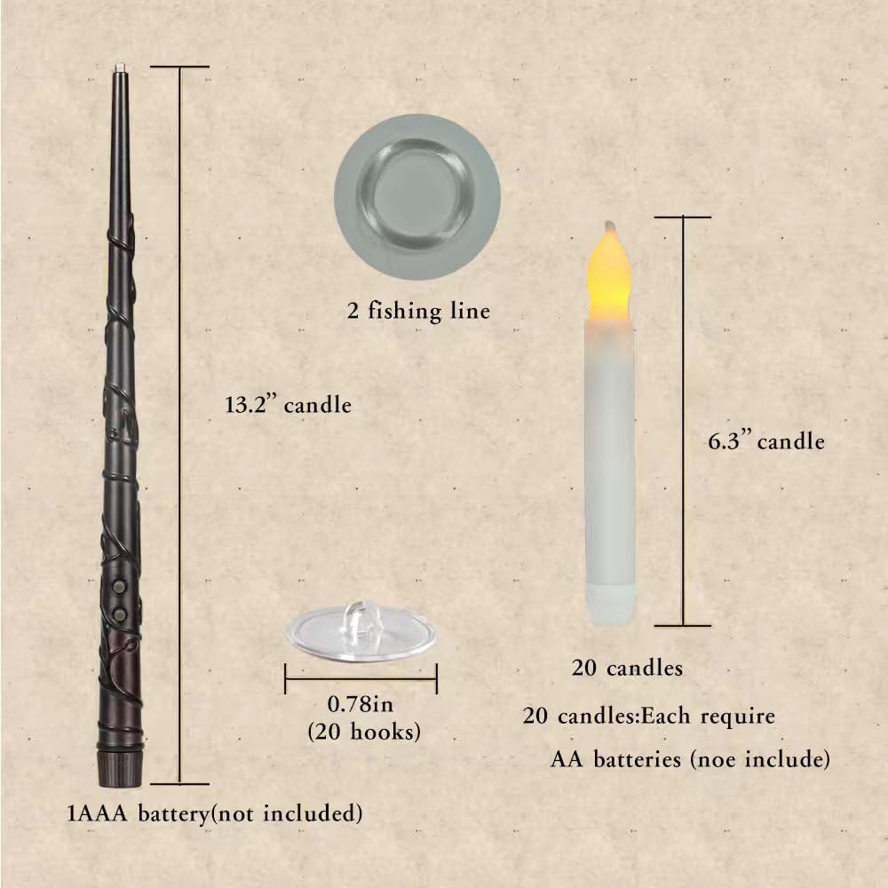 LONGSUOCHUANG Magical Floating Candles with Wand - 20 Pcs Battery Operated Flameless Candles, Realistic Warm Yellow Flickering Light with Remote for Halloween Indoor, Christmas, Home Decor