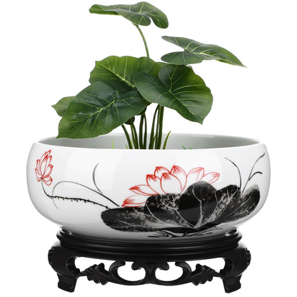 Toddmomy Hydroponic Ceramic Planter Pot with Base 7.08 Inch Round Water Lily Lotus Bowl for Indoor Outdoor Garden Decor Suitable for Water Plant Growth