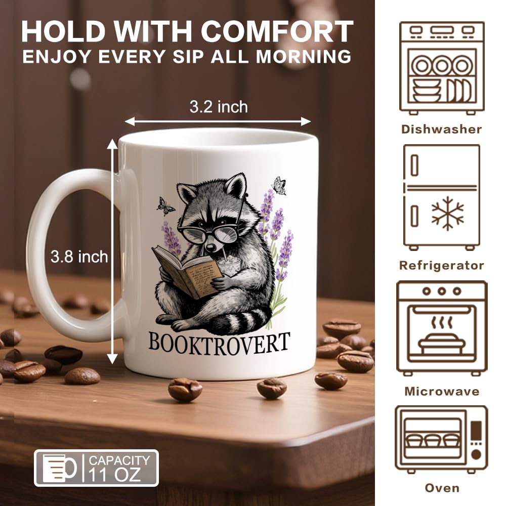 WHTYEFZ Booktrovert Coffee Mug, Cute Raccoon Theme Gifts for Raccoon Introverted Reader Book Lover Bibliophile Bookworm Homebody, Birthday Gifts for Book Club Member Librarian Avid Reader Bookworm