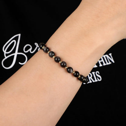 QOGIR Silver Obsidian - Fortune and Strength - 14K Gold Plated Beads Natural Gemstone Stretch Elastic Dainty Healing Beaded Bracelets Gifts 6mm