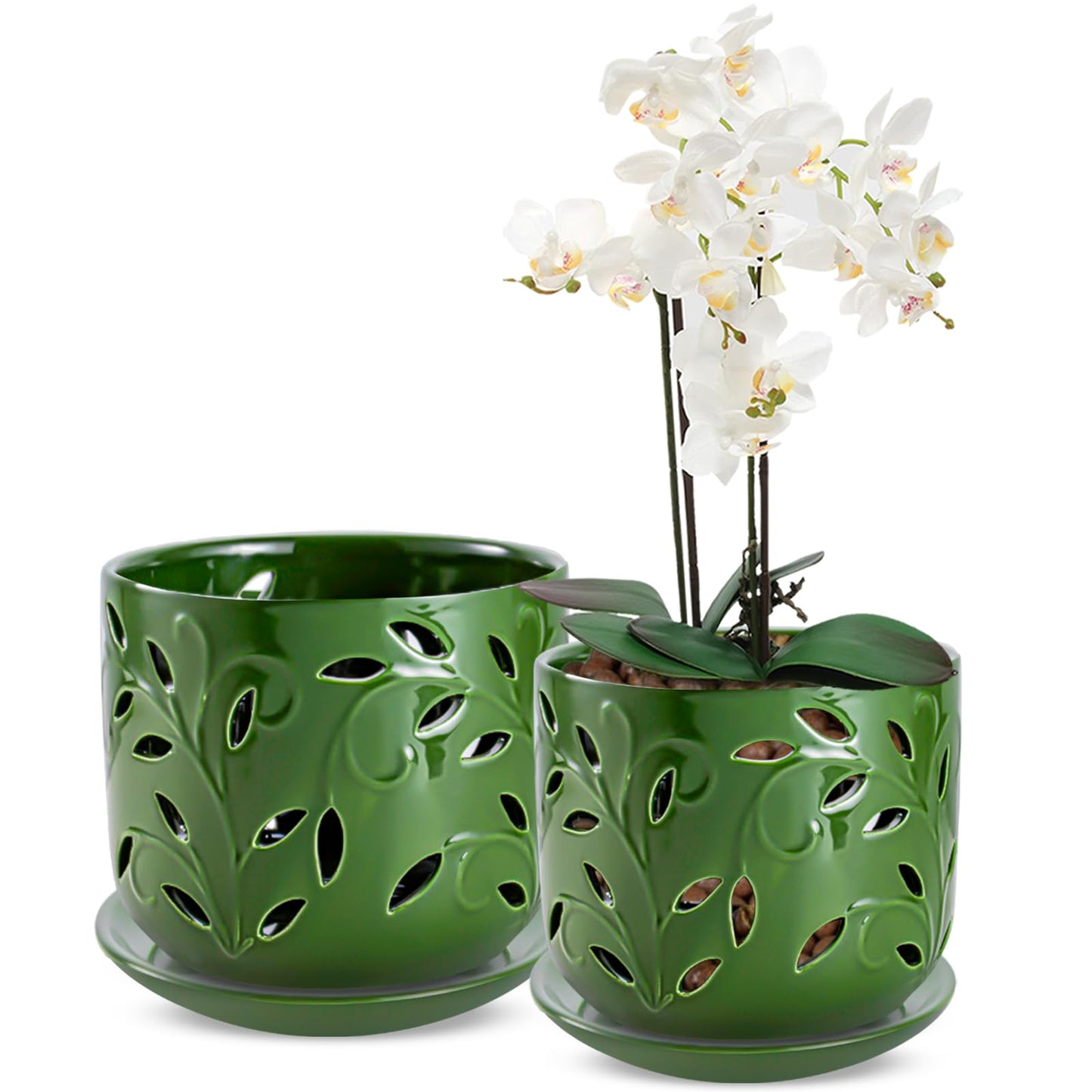 EFISPSS Orchid Pot with Holes, 5+6Inch Ceramic Plant Pots with Drainage Holes and Tray, Promoting Air Circulation and Drainage, Indoor/Outdoor Flower Pots-Green