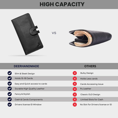 DEERHANDMADE womens wallet (Holds 15-18 Cards, 4 Flat Pockets, 1 ID Windows) Genuine Leather clutch purses for women | Slim long wallets for women | rfid blocking wallet (black wallet)