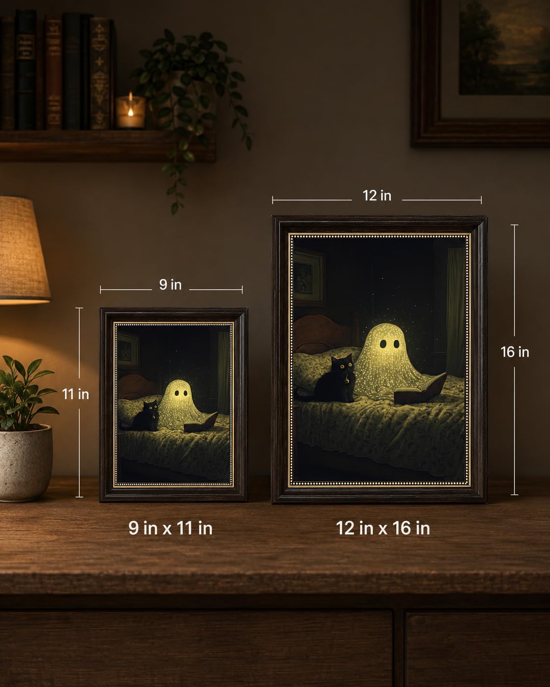 Ghost and Black Cat Wall Art 9x11, Dark Brown Framed Canvas Print, Cute Spooky Reading Ghost Picture, Halloween Bedroom Decor for Cat Lovers