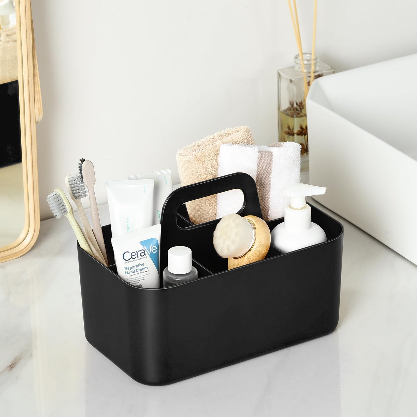 Multiuse Caddy Organizer with Handle, Portable Divided Plastic Tote Bin - Art Craft, Stationary Pen Marker Crayons, Makeup Hair Supplies Storage - Bathroom, Classroom, Dorm, Office, Desk Holder -Black