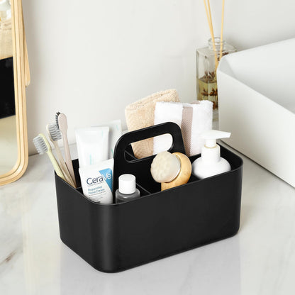 Multiuse Caddy Organizer with Handle, Portable Divided Plastic Tote Bin - Art Craft, Stationary Pen Marker Crayons, Makeup Hair Supplies Storage - Bathroom, Classroom, Dorm, Office, Desk Holder -Black