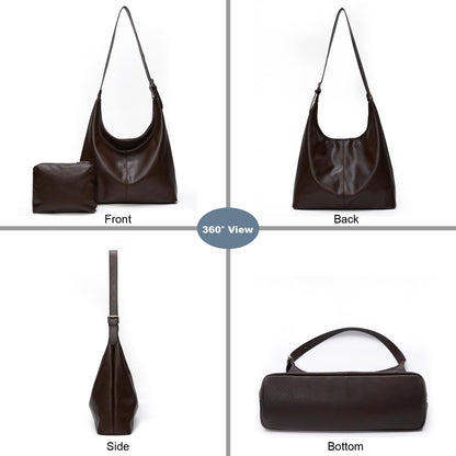 Hobo Bag for Women, Soft Vegan Leather Slouchy Shoulder Tote Purse with Matching Pouch, Adjustable Strap & Magnetic Closure Brown