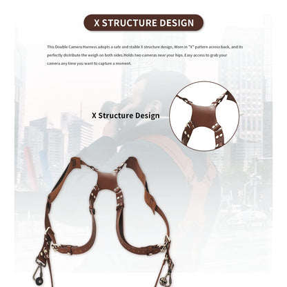 Gugxiom Double Camera Strap,Camera Shoulder Strap for Two Cameras,Adjustable Leather Double Camera Harness Brown