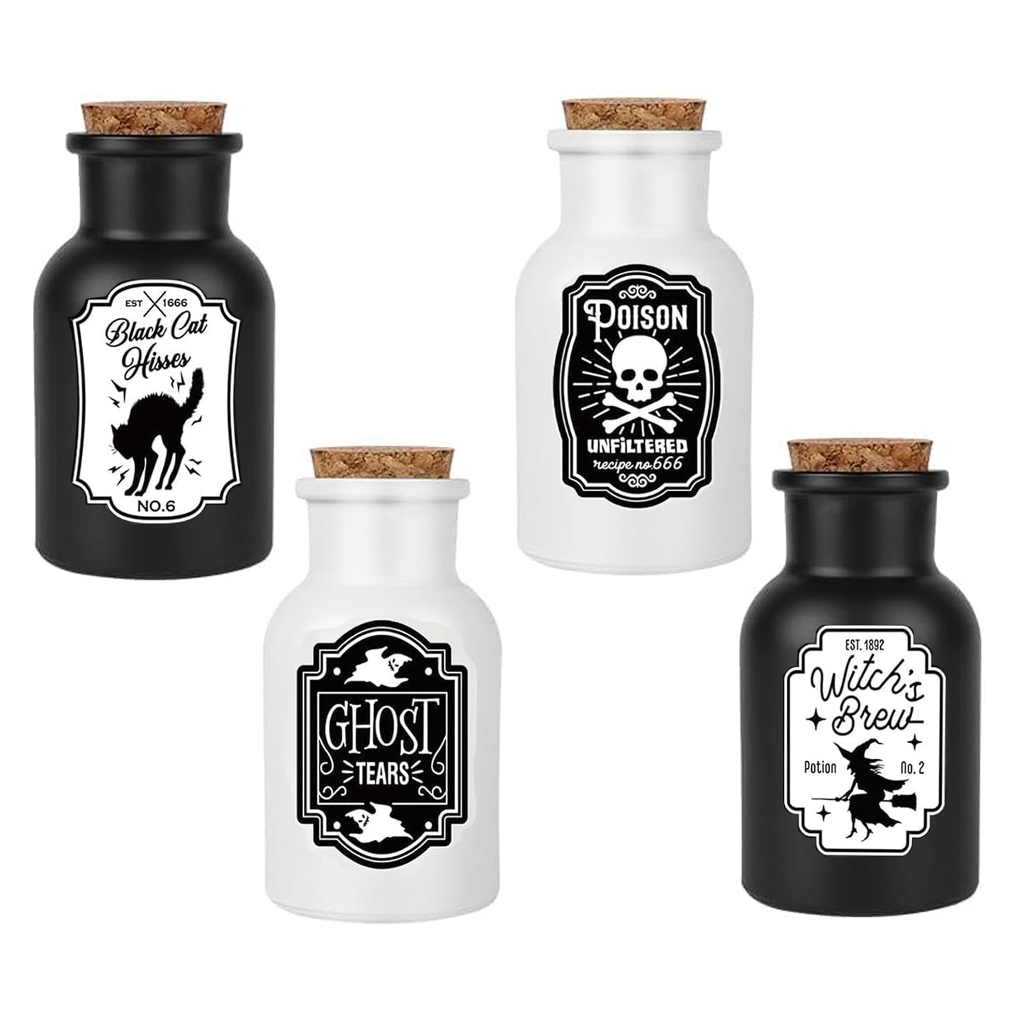 Sarybei Halloween Decorations for Home - Set of 4 Apothecary Potion Bottles with stickers - Scary Witch Poison Ghosts Black Cat Farmhouse Tiered Tray Decor For Home Table Party Supplies