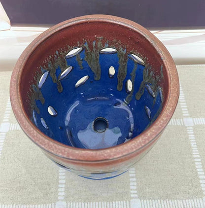 Fowargif Large 6inch Ceramic Orchid pots with Holes, Flower Pot with Saucer for Indoor Plants Home Decorative, Round Planter (Blue+Golden Brown)