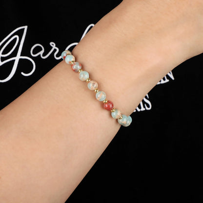 QOGIR Imperial Jasper - Stone of Success - 14K Gold Plated Beads Natural Gemstone Stretch Elastic Dainty Healing Beaded Bracelets Gifts 6mm