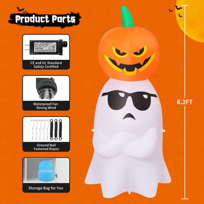 GOOSH 6.2 FT Halloween Inflatables Ghost with Pumpkin Outdoor Decorations Blow Up Yard with Built-in LEDs for Garden Lawn Indoor Party Decor