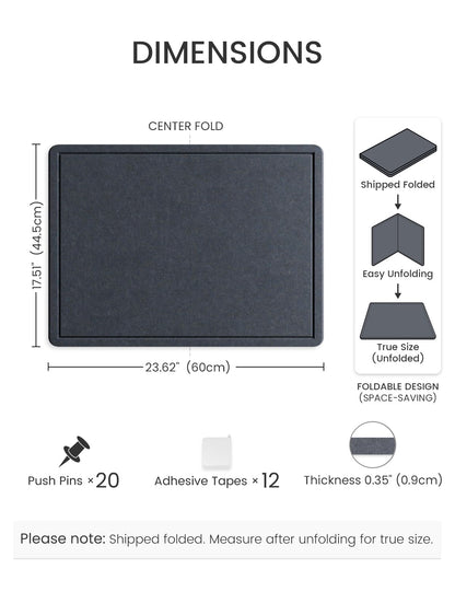 Fluxynara Bulletin Board, 23.6" x 17.5" Cork Board Alternative with 12 Safe Removable Adhesive Tabs, Foldable Felt Pin Board for Home Office, Classroom, Bedroom,Entryway for Walls—Navy Blue