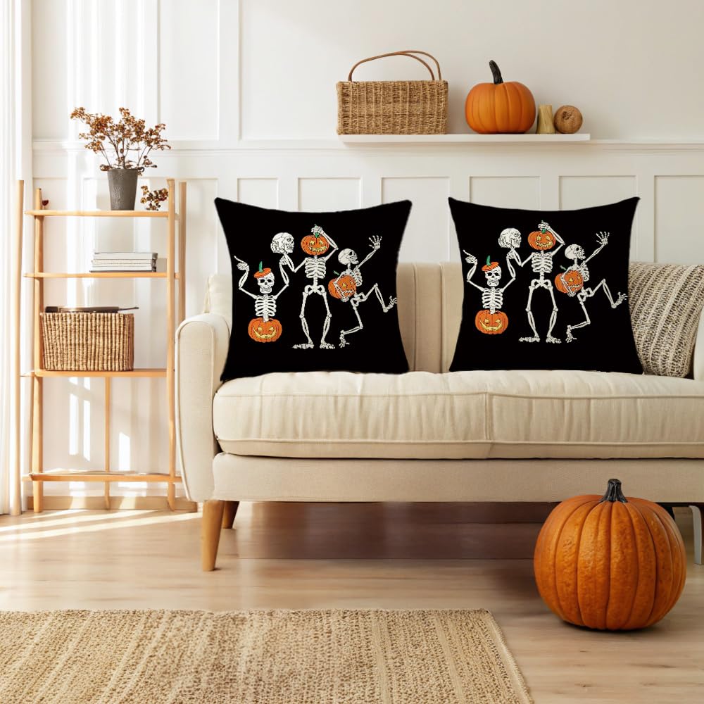Halloween Pillow Covers 16 x 16 Inch Set of 2 Skeleton Skull Pumpkin Couch Throw Pillow Covers Decorative Pillow Case Cushion Case for Chair Sofa Bedroom Living Room Halloween Home Decor Black