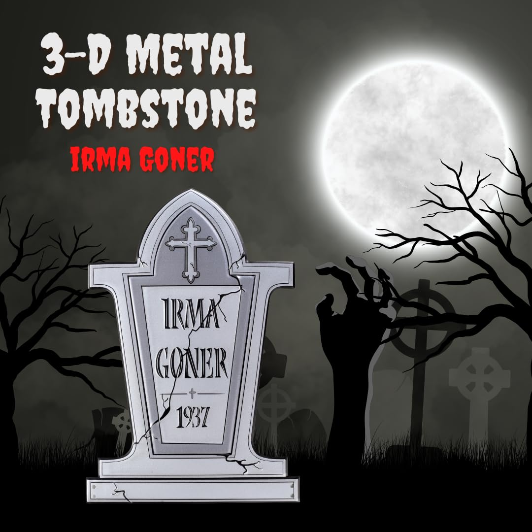 3-D Metal Halloween Ghost XL 17" Tombstone w Stakes -IRMA GONER- Durable, Rustproof, UV Raised Printing- Upgrade Your Haunted House Mansion Cemetary Lawn Decor- No More Flimsy Foam Graveyards