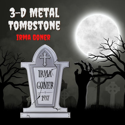 3-D Metal Halloween Ghost XL 17" Tombstone w Stakes -IRMA GONER- Durable, Rustproof, UV Raised Printing- Upgrade Your Haunted House Mansion Cemetary Lawn Decor- No More Flimsy Foam Graveyards