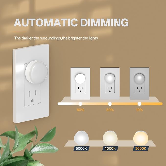 Night Light Plug in, Dimmable LED Mini Nightlights for Kids, Auto Dusk to Dawn Sensor, Automatic On and Off Night Lamp for Hallway,Bedroom, Stairway, 3 Brightness, Energy Efficient, 3CCT, 4Pack