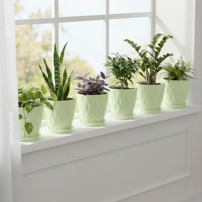 LESOASIS Plant Pots 8 Inch, 6 Pack Plastic Flower Pots for Indoor & Outdoor Plants, Planters with Drainage Holes and Saucer, Garden Pot for Plants (Green)