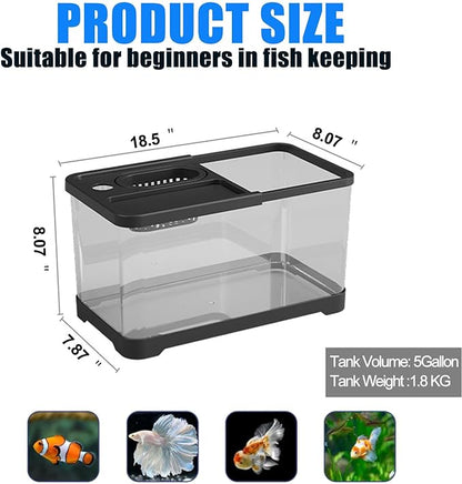 5 Gallon Fish Tank, Aquarium Plastic Starter Kit with Filter, led Light, sponge, and filter ball, Fish Tank for Betta, Plastic Nano Aquarium with Lid(18.5*7.87*8.07 inch / Black) (5 Gallon Fish Tank)