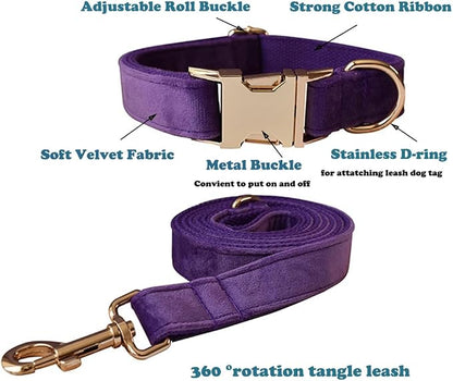 Love Dream Velvet Dog Collar and Leash Set, Soft & Comfy Adjustable Dog Leash and Collar with Heavy Duty Metal Buckle for Small Medium Large Dogs Training & Walking (Large, Dark Purple)