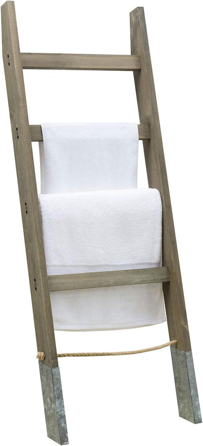 MyGift 55'' Wood Wall Leaning Blanket Ladder with 4 Rung, Farmhouse Living Room and Bathroom Towel Rack with Decorative Rustic Galvanized Silver Metal Legs and Rope