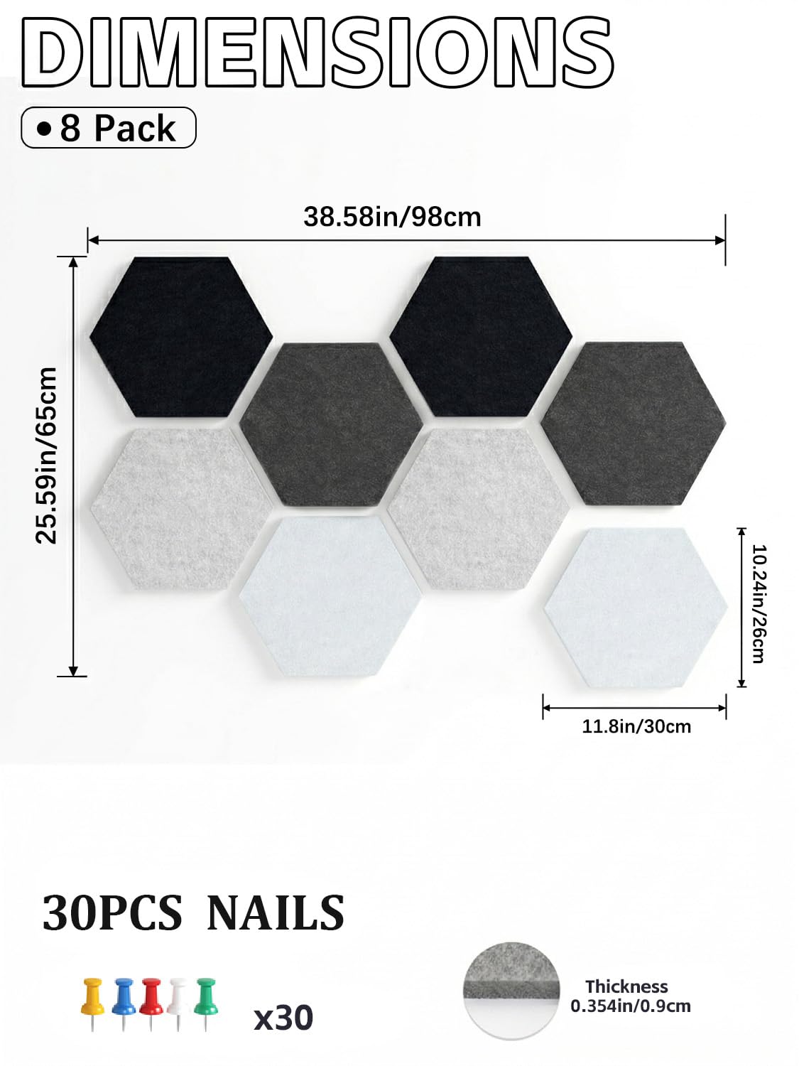 Uoisaiko 8 Pack Hexagon Felt Bulletin Board Tiles - 12" Large Thick Pin Board for Walls with 30 Push Pins, DIY Boards for Office Home School Decor, Aesthetic Hex Cork Board Alternative
