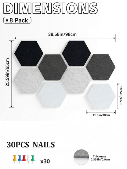 Uoisaiko 8 Pack Hexagon Felt Bulletin Board Tiles - 11.8" Large Thick Pin Board for Walls with 30 Push Pins, DIY Boards for Office Home School Decor, Aesthetic Hex Cork Board Alternative