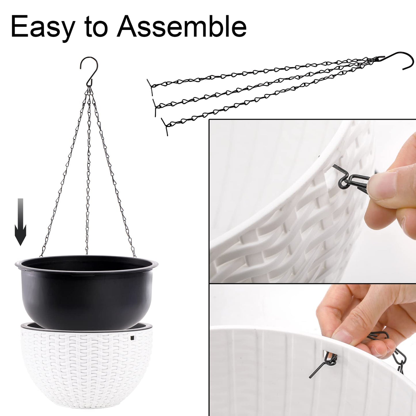 Foraineam 2-Pack Dual-pots Design Hanging Basket Planters Self-Watering Indoor Outdoor Plant & Flower Hanging Pots with Drainer and Chain, 2 Size Assorted (White)