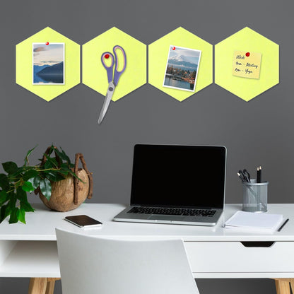 8 Packs Yellow Hexagon Felt Pin Board, 12" Bulletin Board with 30 Push Pins, Felt Board for Home Kitchen Office Decor, Self-Adhesive Corkboard Tiles for Walls Message Photos Memos Display