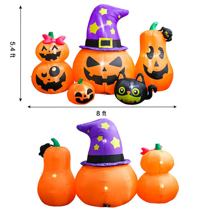 Meland 8FT Halloween Inflatable Pumpkins - Inflatable Halloween Pumpkin Lantern Family with Wizard Hat & Black Cat, Blow Up Outdoor Decor with Built-in LED Light for Yard Garden Lawn