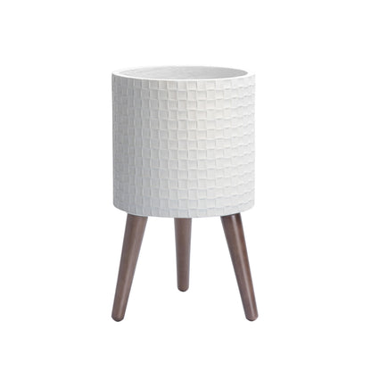 D'vine Dev 10 Inch Modern Geometric Tile Patterned Sleek Planter Pot with Stand, Indoor Outdoor Decorative Plant Holder, Matte White, 88-Z-B-1