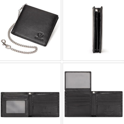 Genuine Leather Card Holder Wallet with Chain Accessory for Men, Women RFID Blocking 13 Card Slots 2 ID Windows 2 Bill Compartments Short Bi-Fold Wallet Gift (Black)