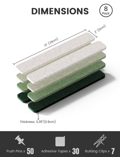 Fluxynara Cork Board Alternative Felt Strip Board 8-Pack 13"x2", Office Pin Board with 50 Push Pins, Adhesive Install for Bedroom Door & Home Office (Sagewood)