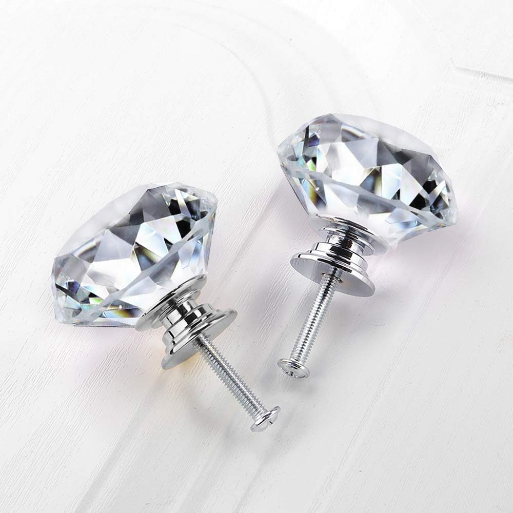 NORTHERN BROTHERS 10 Pack 30mm Crystal Cabinet Knobs, Diamond Glass Drawer Knobs with 3 Screw Sizes, for Dresser, Kitchen & Bathroom, Silver