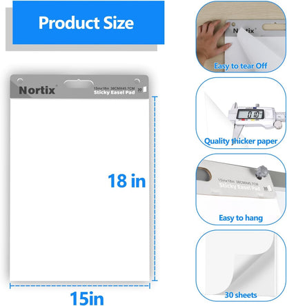 Nortix Flip Chart Paper, Sticky Easel Pads, Chart Paper for Teachers,Super Adhesive & Bleed-Resistant, Mini Self-Stick Easel Paper for Classroom/Office, 15 x18 inch, 30 Sheets/Pad, 4 Pads