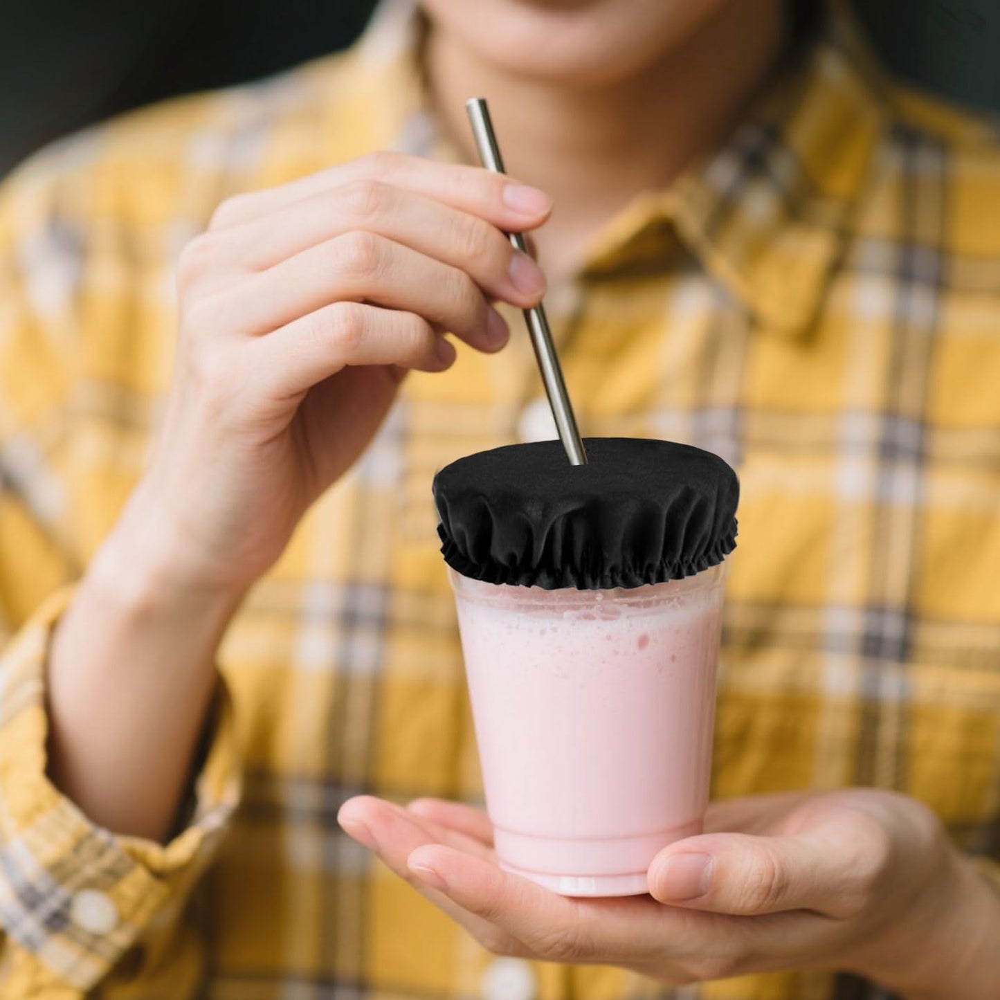 50pcs Drink Covers, Polyester Elastic Stretchable Washable Drink Protector with Straw Hole Bottle Protection Accessories Fits Most Cups for Bar Club Party (Black)