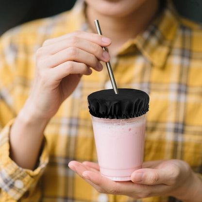 50pcs Drink Covers, Polyester Elastic Stretchable Washable Drink Protector with Straw Hole Bottle Protection Accessories Fits Most Cups for Bar Club Party (Black)