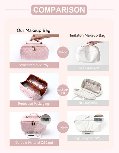 VIDIBESTY Travel Makeup Bag for Women, Large Capacity Cosmetic Bags for Girls, Compact Pouch Make up Organizer, Waterproof Toiletry Bag with Divider and Handle (Pink)