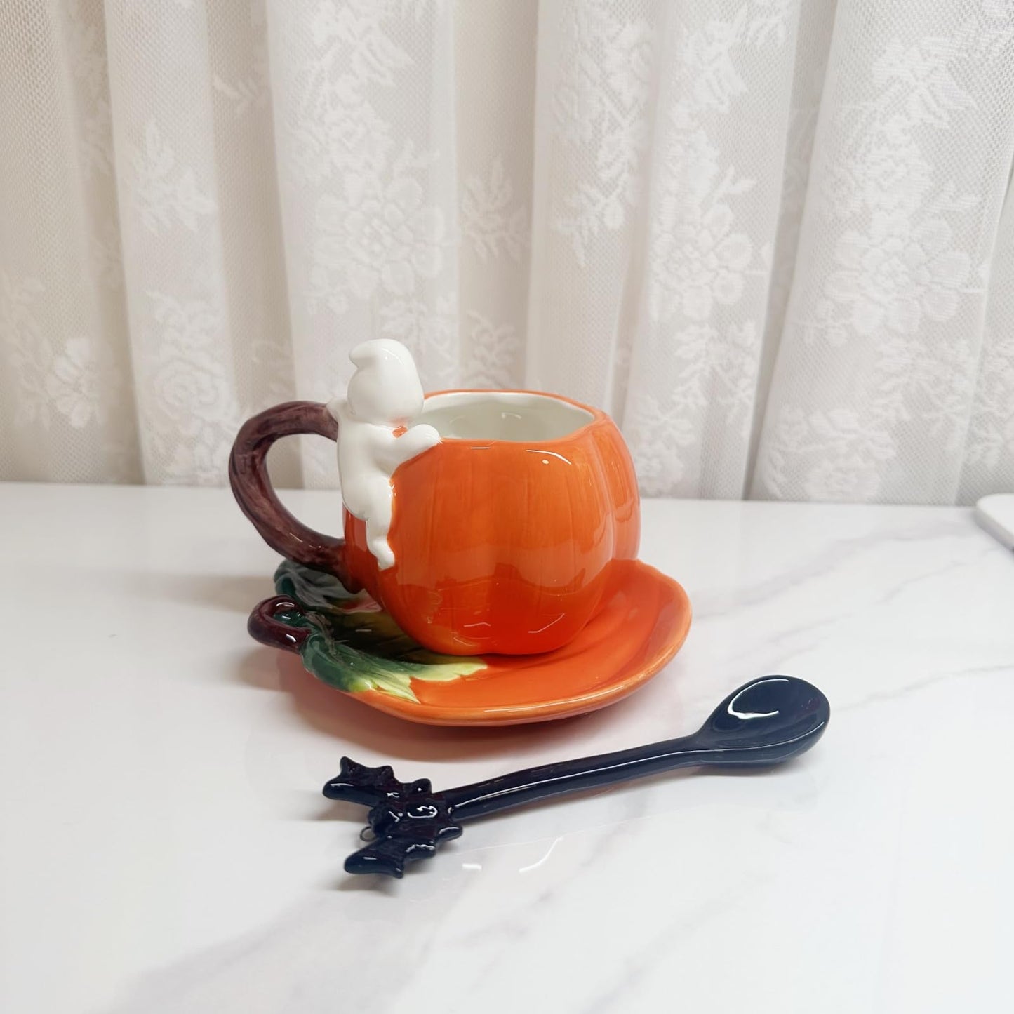 Minigift Ceramic Tea Cup and Saucer Set ，6oz 3D Hand-painted Pumpkin and White Ghost Coffee Mug ，Halloween Home Decoration，Gift