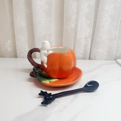 Minigift Ceramic Tea Cup and Saucer Set ，6oz 3D Hand-painted Pumpkin and White Ghost Coffee Mug ，Halloween Home Decoration，Gift