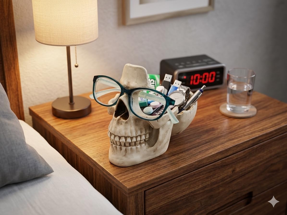 Buminee Glasses Holder for Nightstand, Creative Glasses Stand, Skull Glasses Holder, Skull Resin Sculpture for Home, Office - White