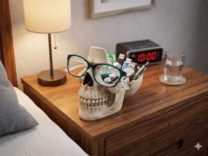 Buminee Glasses Holder for Nightstand, Creative Glasses Stand, Skull Glasses Holder, Skull Resin Sculpture for Home, Office - White