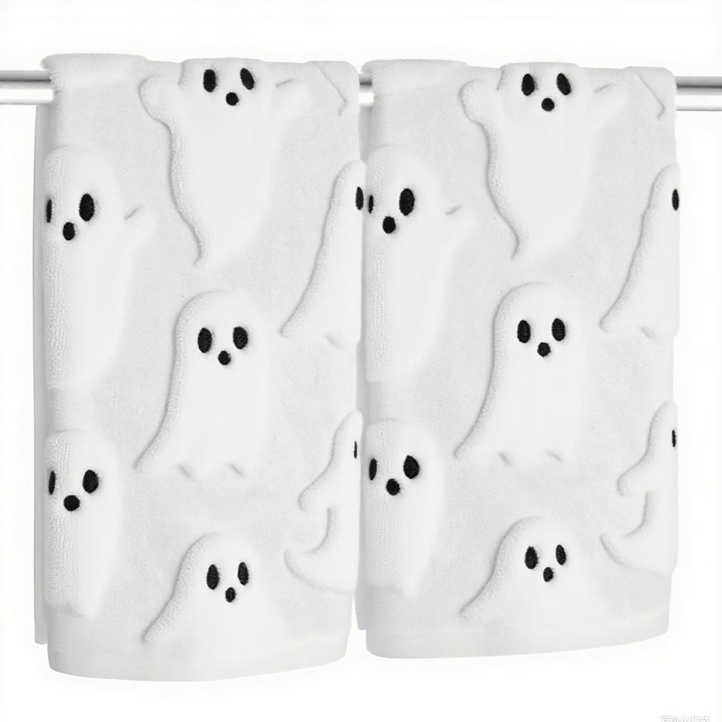 Xkdamai 2 Pack Halloween Hand Towels 100% Cotton Jacquard Ghost Halloween Kitchen Towels White Bathroom Towels Set Seasonal Bathroom Decor (White Ghost, Halloween)