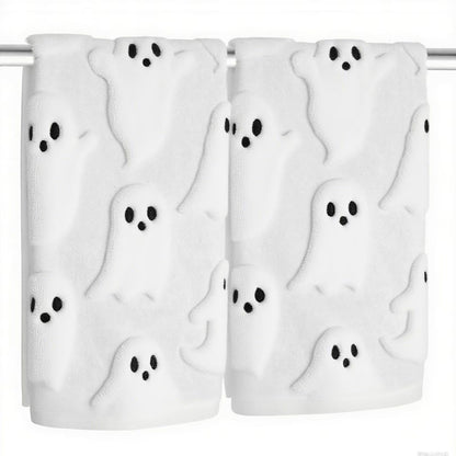 Xkdamai 2 Pack Halloween Hand Towels 100% Cotton Jacquard Ghost Halloween Kitchen Towels White Bathroom Towels Set Seasonal Bathroom Decor (White Ghost, Halloween)