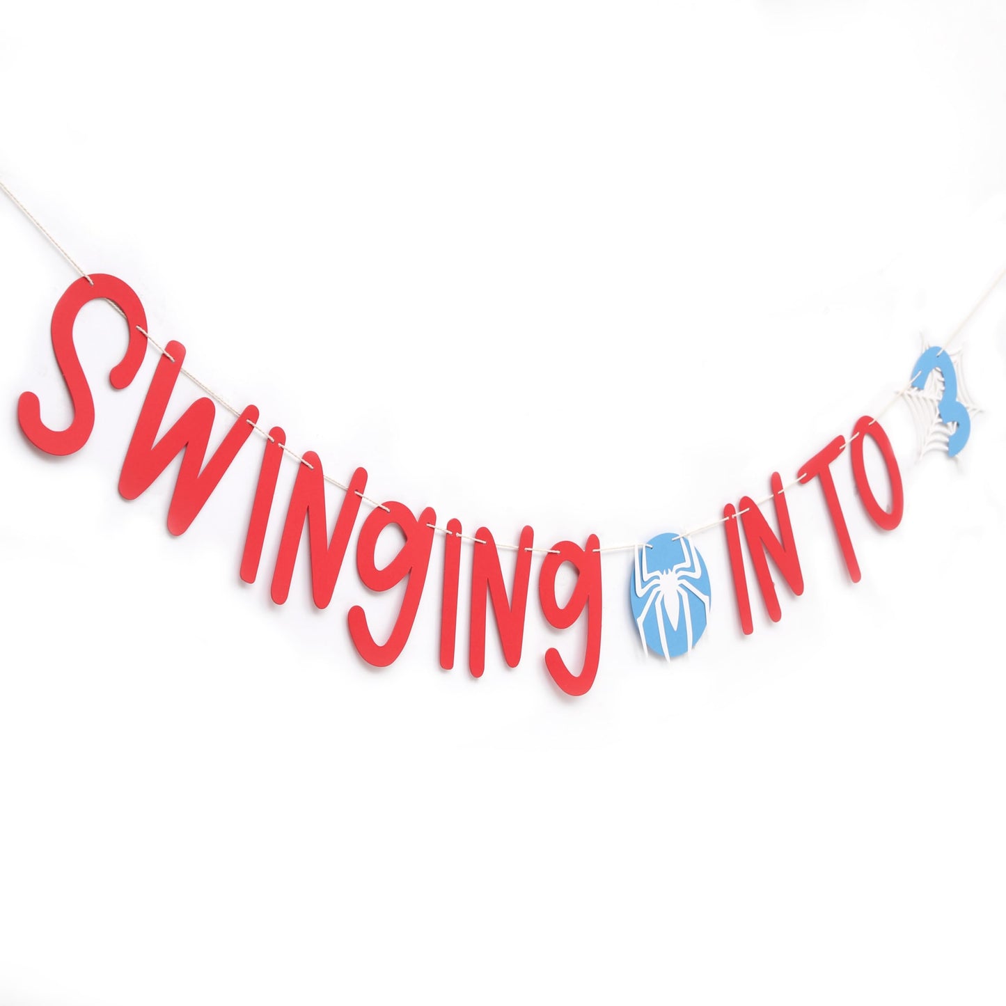 Spider 3rd Birthday Banner - Swinging into 3 Banner, Spider Birthday Decorations for Kids, Boys Third Bday Decor