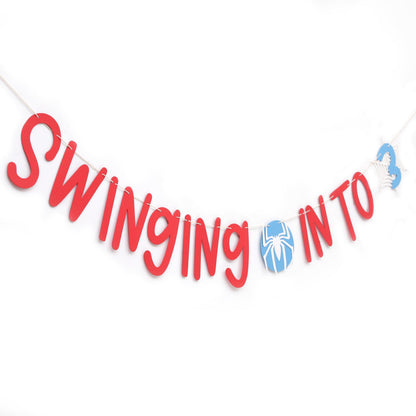 Spider 3rd Birthday Banner - Swinging into 3 Banner, Spider Birthday Decorations for Kids, Boys Third Bday Decor