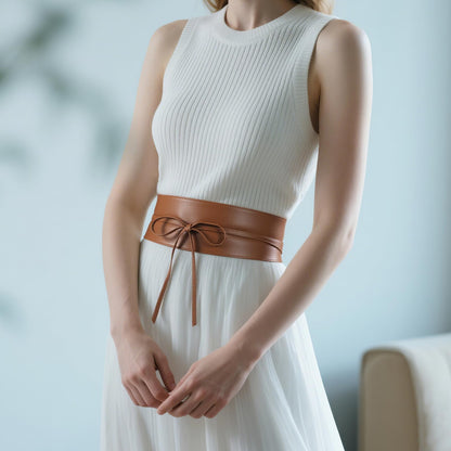 JASGOOD Women PU Leather Wide Waistband Obi Belt- Ladies Wrap Around Retro Brown Dress Belt(Brown,Fit Waist Size 26-31 Inch)