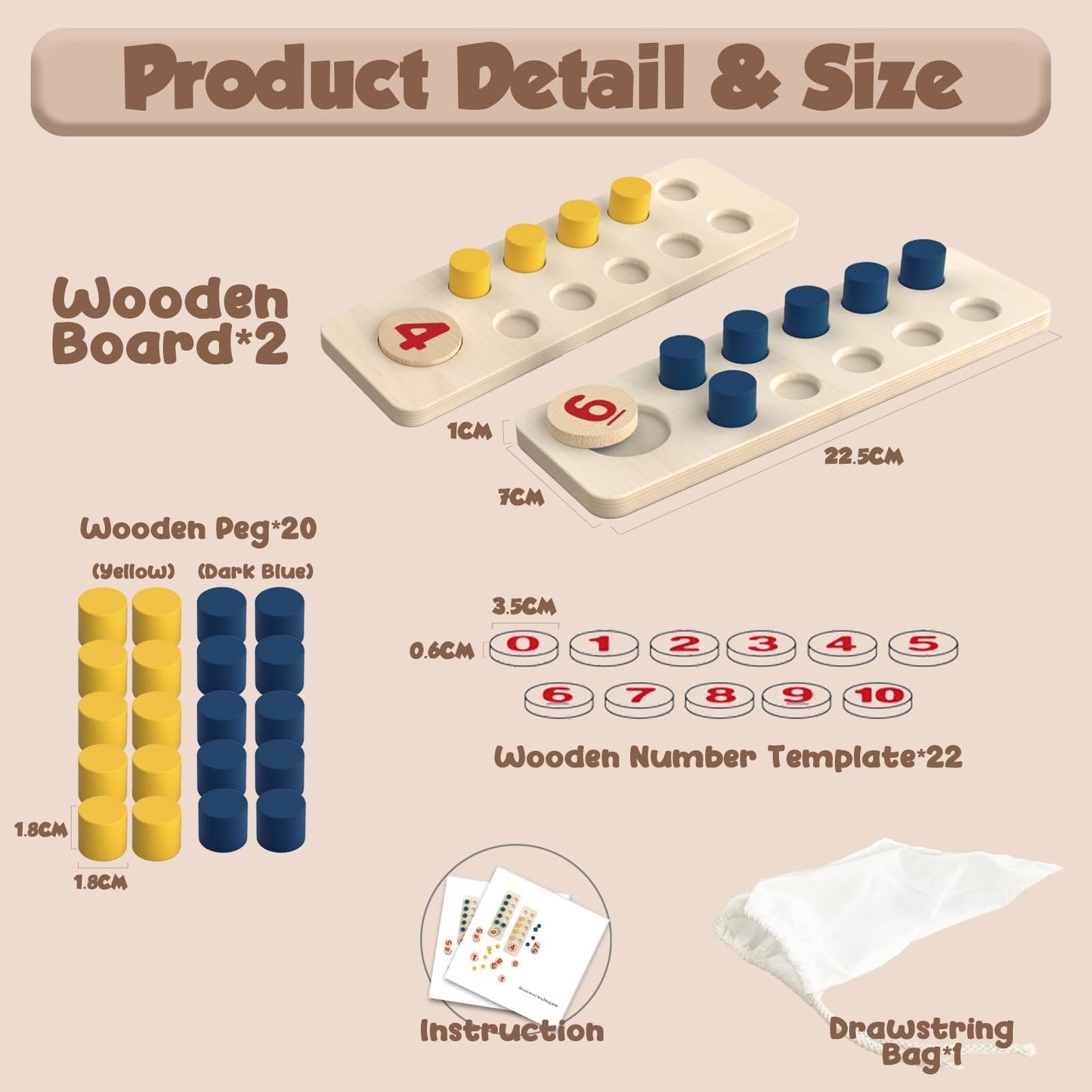 TEUVO Counting Peg Board Montessori Toys for Kids Aged 3 4 5 6 Years Old, Montessori Math Manipulatives Materials Wooden Preschool Learning Number and Counting Games for Home School Classroom Teaching